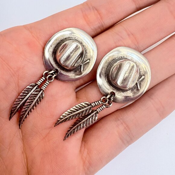 VTG Sterling Silver 925 Cowboy Hat Feather Dangle Earrings Size 2" Length - Picture 3 of 9